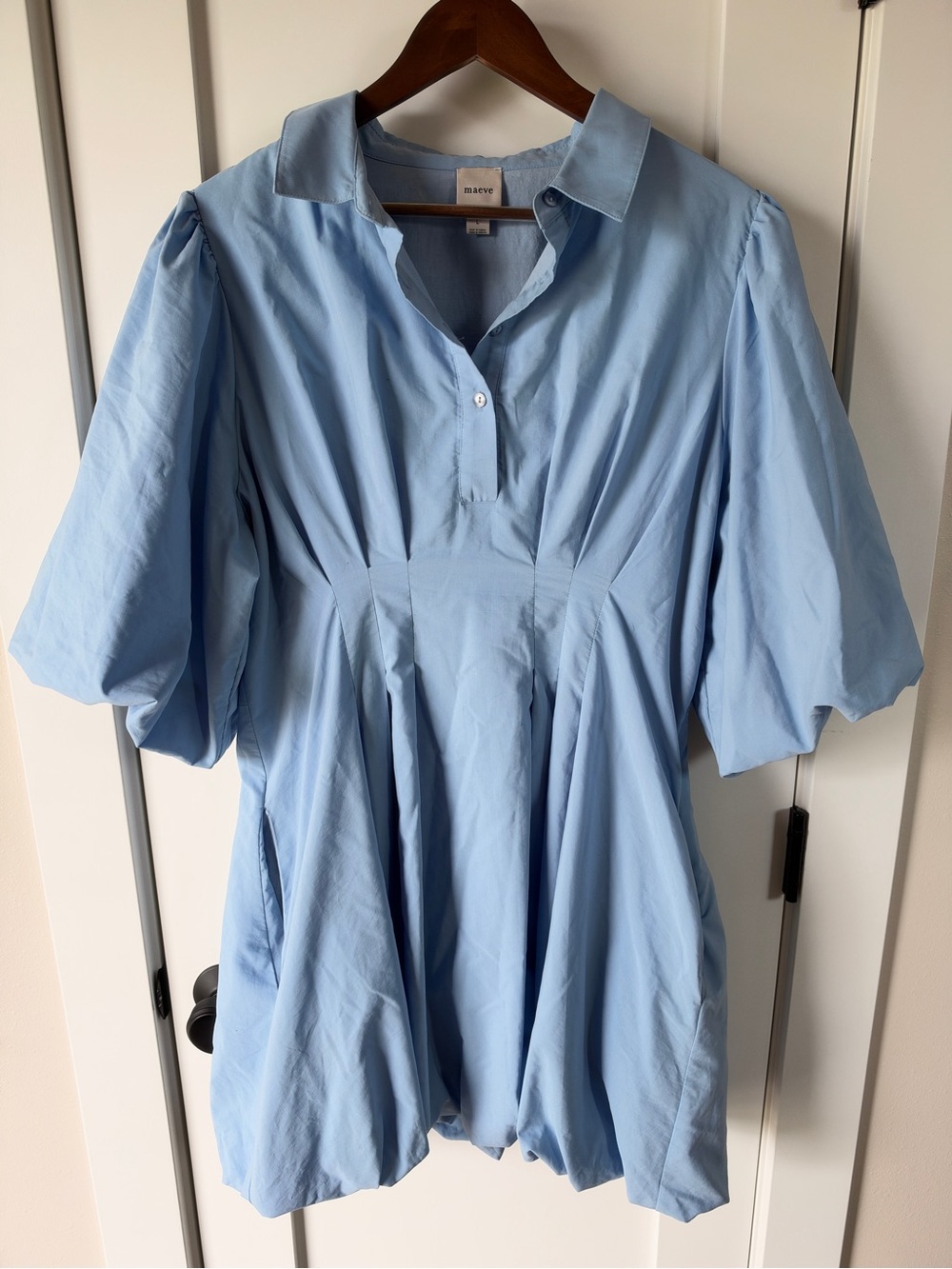Anthro Maeve Puff-Sleeve Bubble Hem Collared Mini Dress